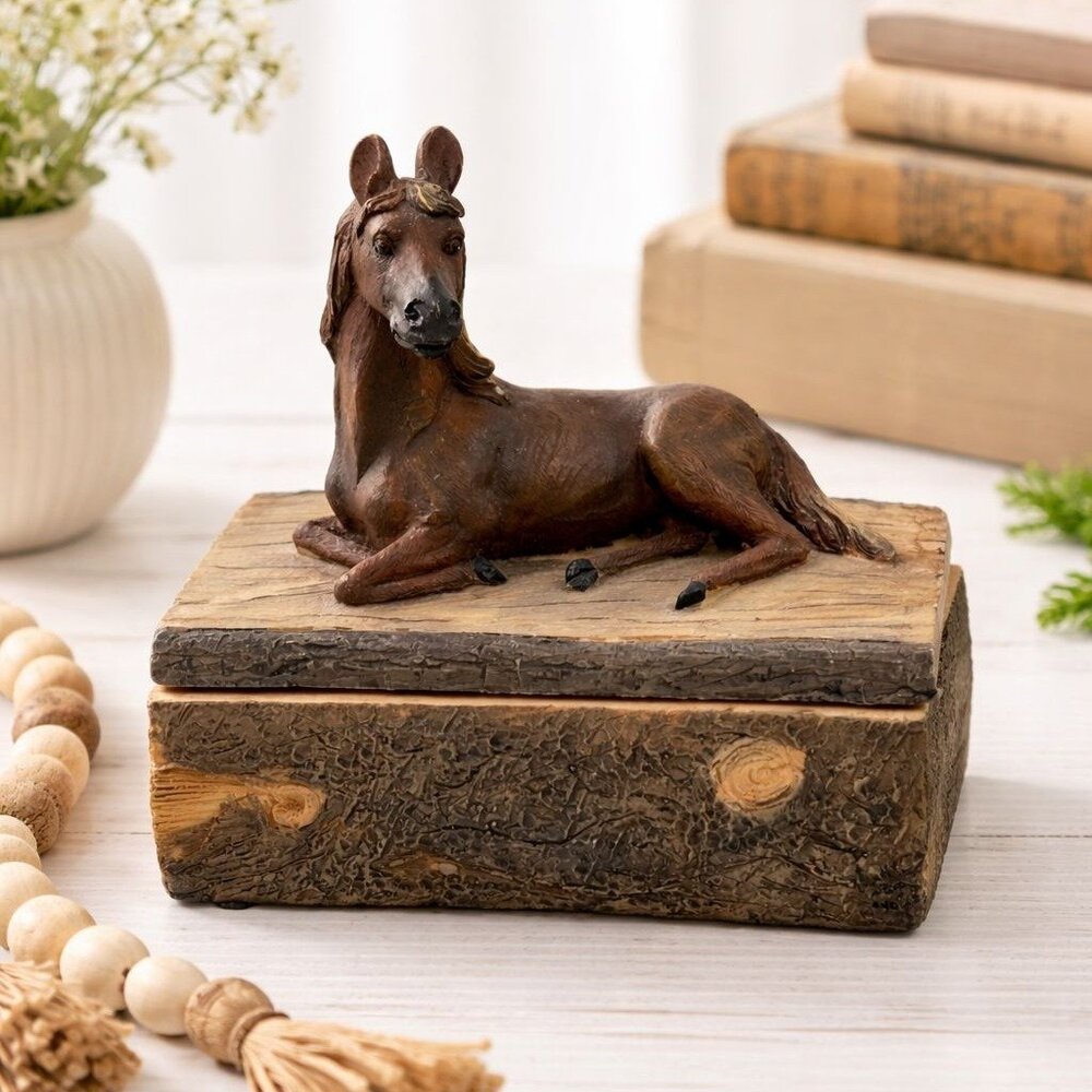 Horse Figurine Trinket Box Rustic Faux Wood Ceramic Design 5x3 Inches Hand-Paint